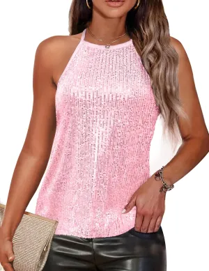 Traleubie Womens Tank Tops Sleeveless Camisole Halter Neck Sparkly Sequin Tops for Women