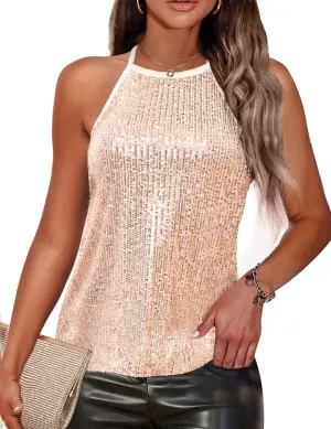 Traleubie Womens Tank Tops Sleeveless Camisole Halter Neck Sparkly Sequin Tops for Women