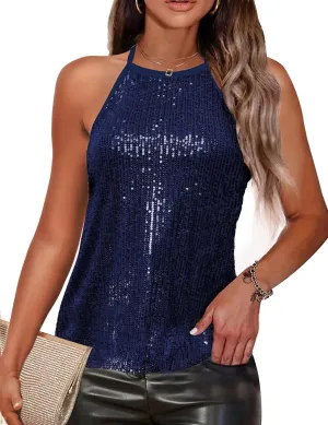 Traleubie Womens Tank Tops Sleeveless Camisole Halter Neck Sparkly Sequin Tops for Women