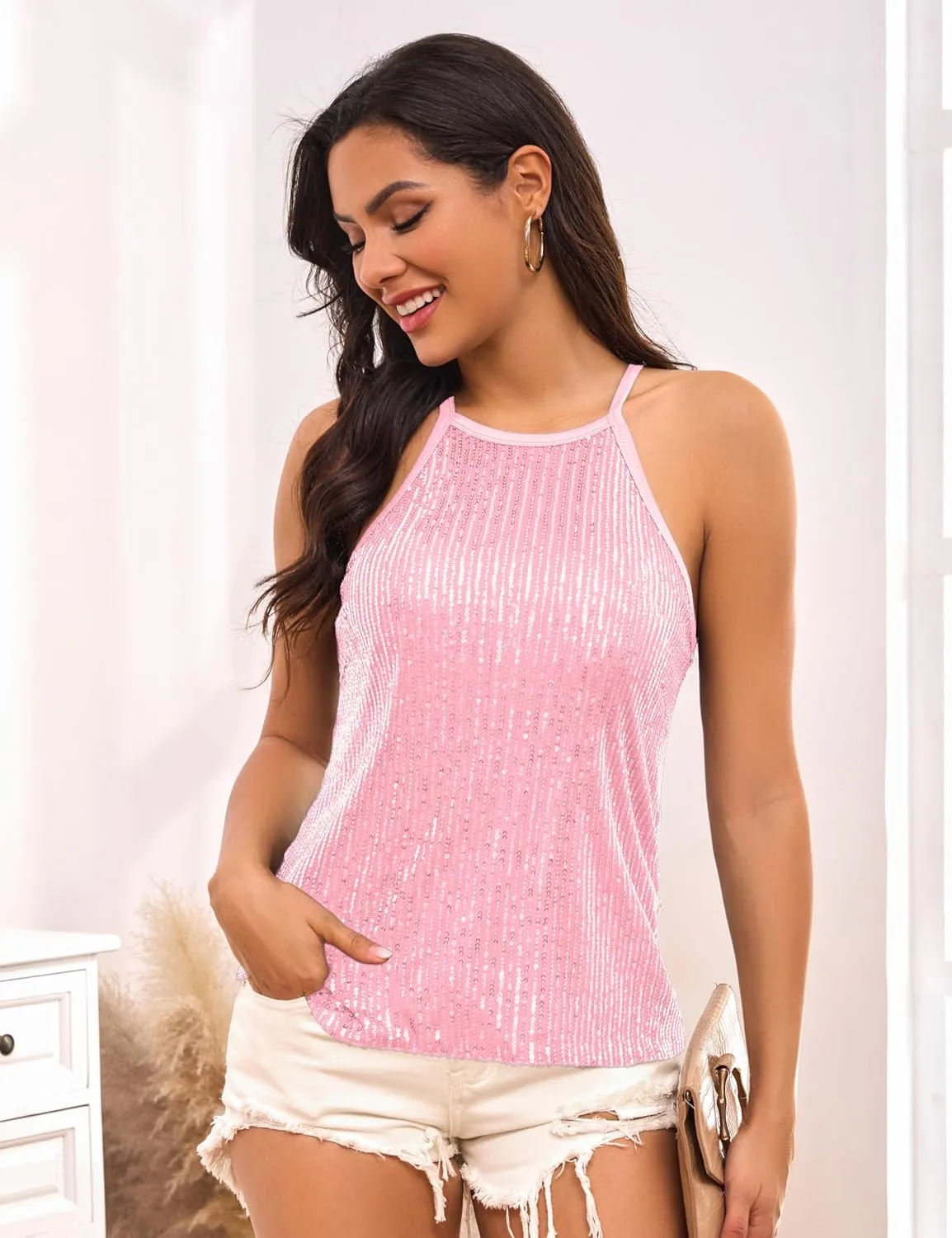 Traleubie Womens Tank Tops Sleeveless Camisole Halter Neck Sparkly Sequin Tops for Women