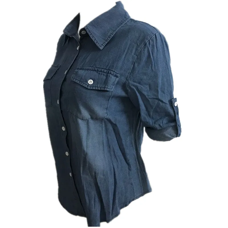 Turn-down Collar Long Sleeves Slim Blouse