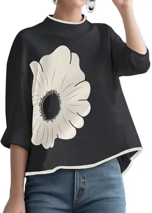 UOOZEE Women's 3/4 Sleeve Floral Dressy Casual Tops Loose High Low Hem Flowy Blouses Shirts