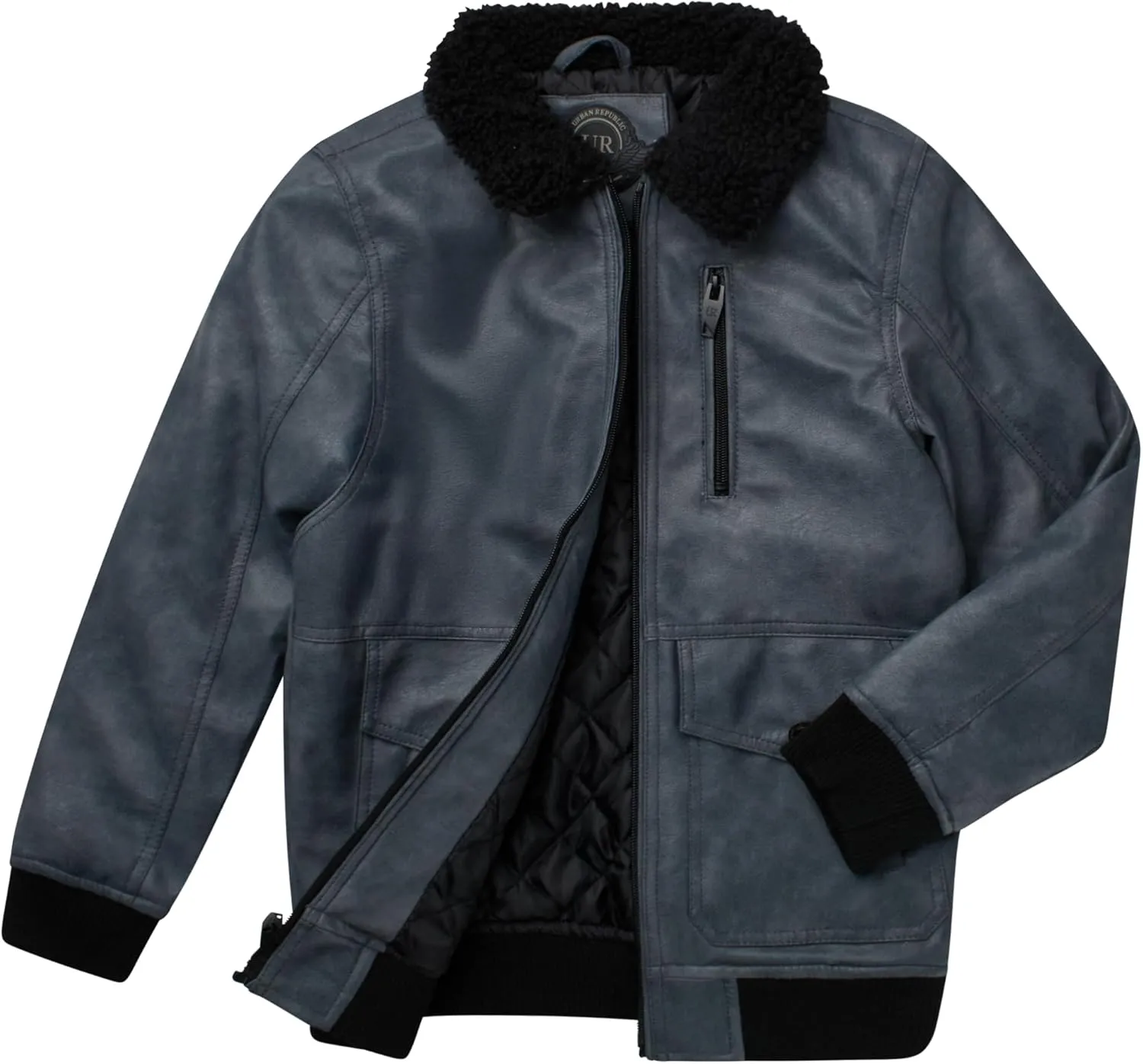 URBAN REPUBLIC Boys' Faux Leather Jacket - Aviator Bomber Outerwear Coat with Sherpa Collar and Chest Pocket (Sizes: 8-20)