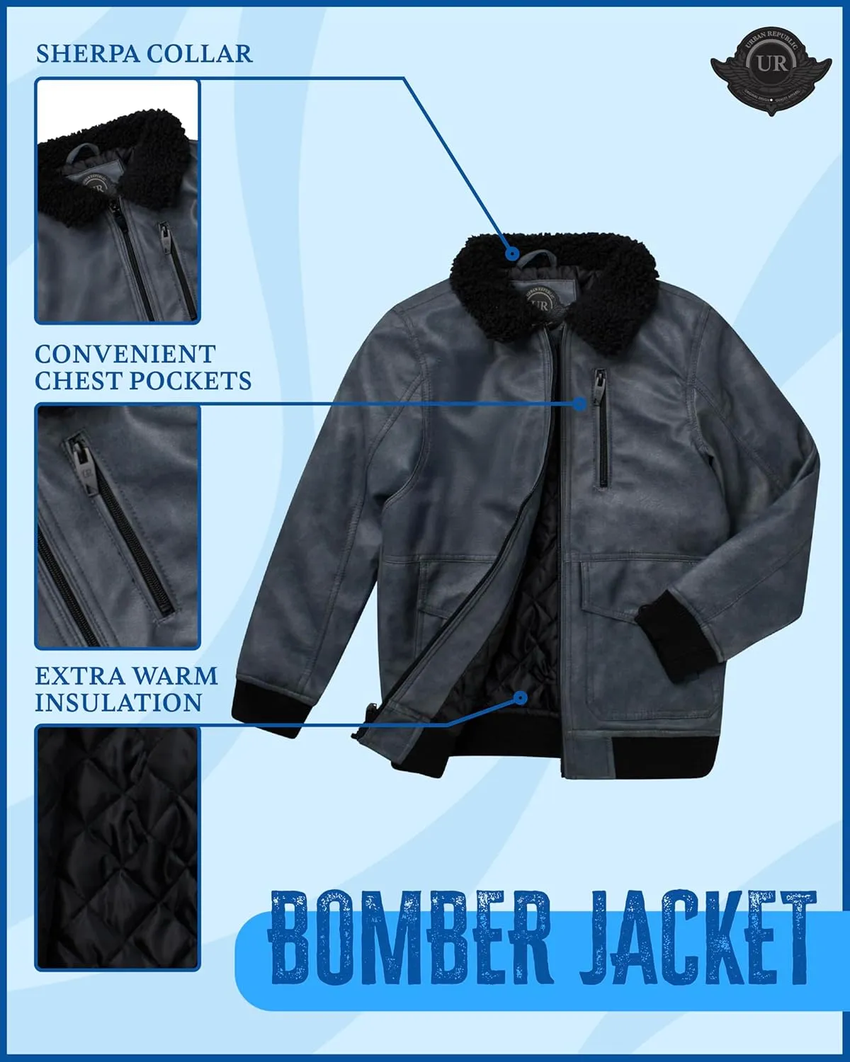 URBAN REPUBLIC Boys' Faux Leather Jacket - Aviator Bomber Outerwear Coat with Sherpa Collar and Chest Pocket (Sizes: 8-20)