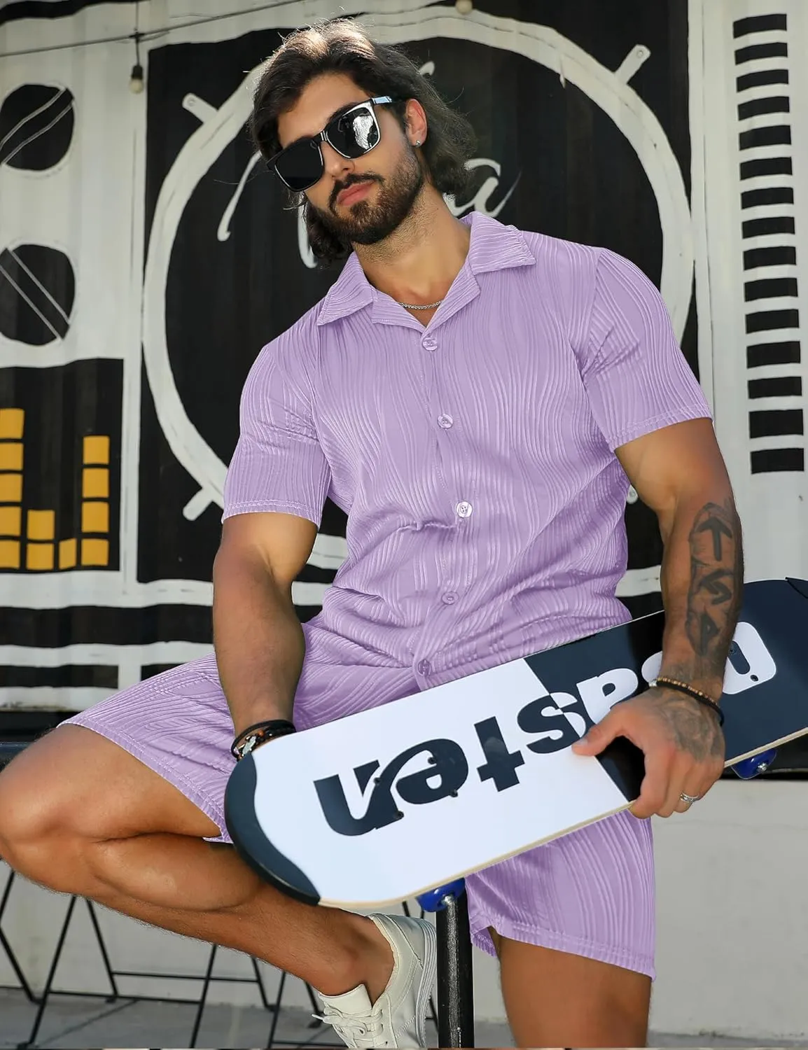 URRU Men's 2 Piece Outfits Short Sleeve Casual Button Down Shirt and Shorts Set