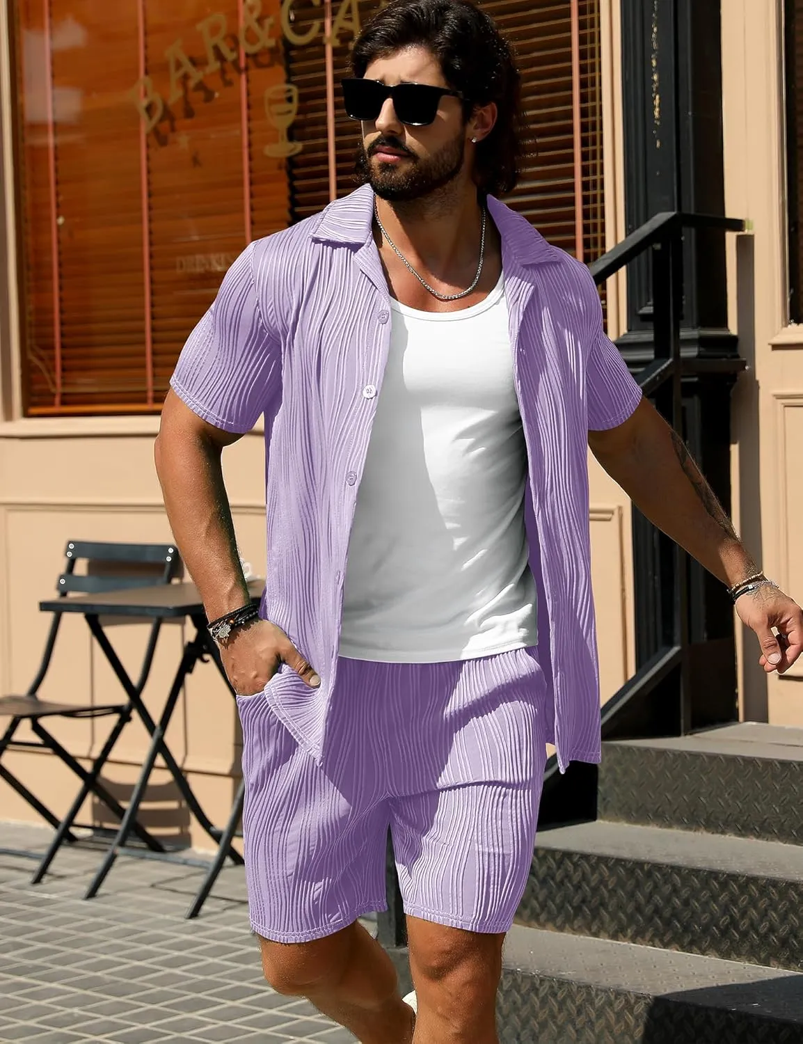 URRU Men's 2 Piece Outfits Short Sleeve Casual Button Down Shirt and Shorts Set