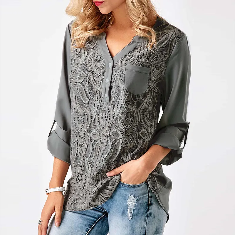 V-neck Buttons Long Sleeves Pocket Loose Lace Blouse