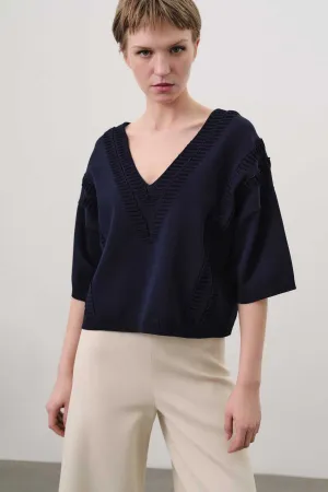 V-neck Navy Blue Knitwear Sweater