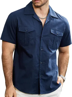 VATPAVE Mens Hawaiian Cotton Linen Shirts Short Sleeve Button Down Summer Shirts Cuban Beach Tops with Pockets