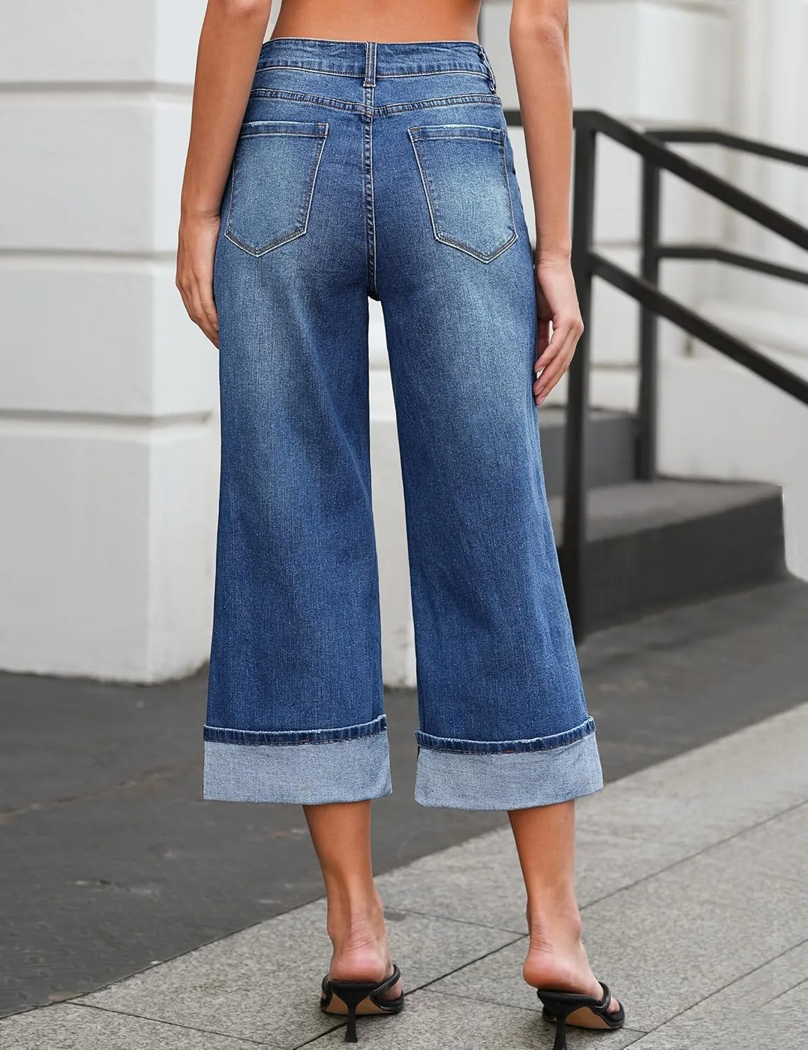 Vetinee Capris Jeans for Women Wide Leg High Waisted Trendy Fold Hem Summer Casual Stretchy Denim Jean Capri Pants
