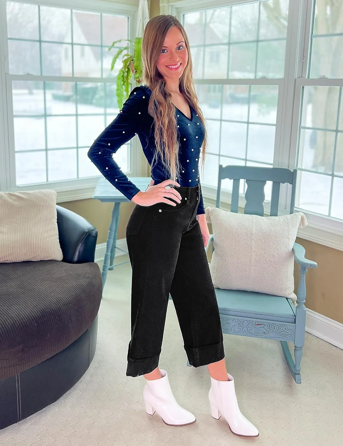 Vetinee Capris Jeans for Women Wide Leg High Waisted Trendy Fold Hem Summer Casual Stretchy Denim Jean Capri Pants