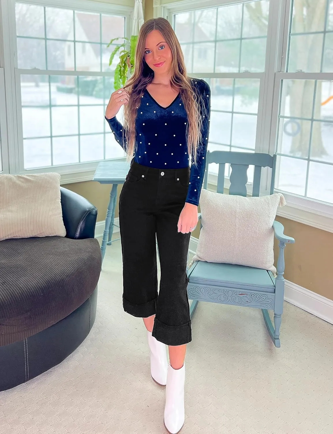 Vetinee Capris Jeans for Women Wide Leg High Waisted Trendy Fold Hem Summer Casual Stretchy Denim Jean Capri Pants