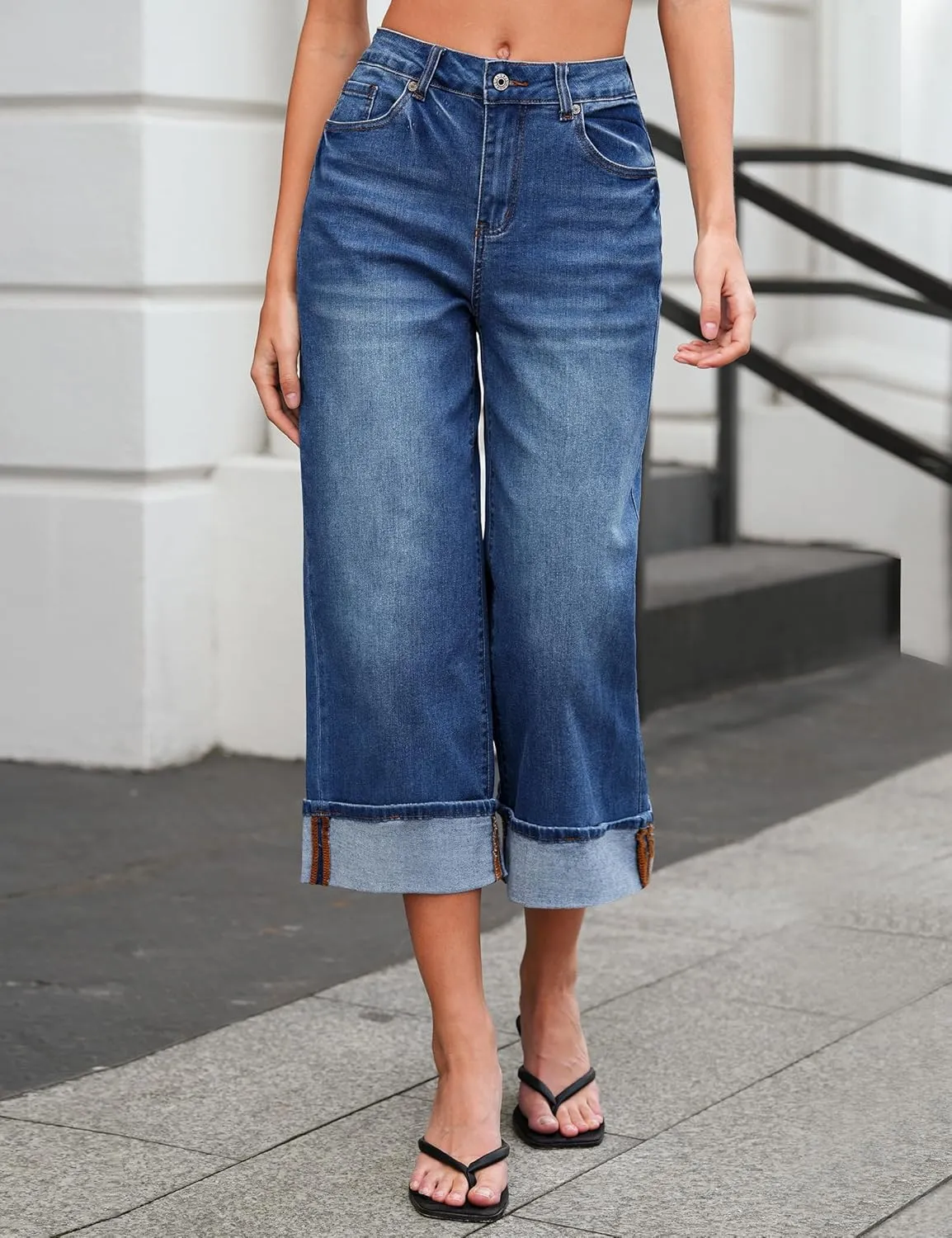 Vetinee Capris Jeans for Women Wide Leg High Waisted Trendy Fold Hem Summer Casual Stretchy Denim Jean Capri Pants