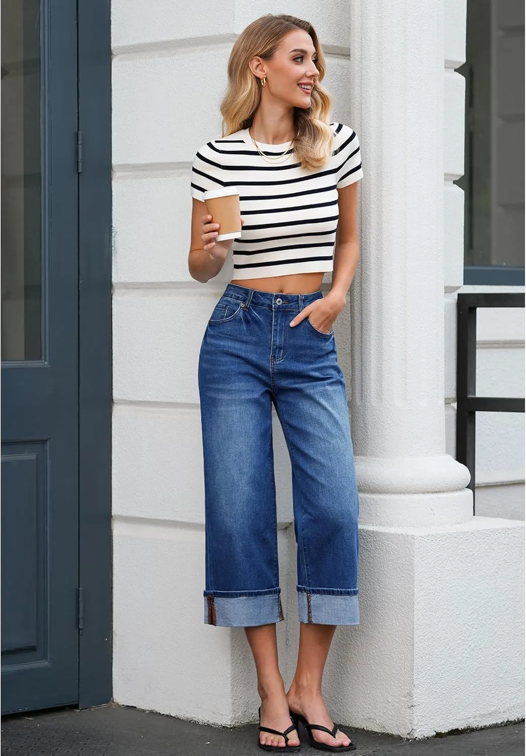Vetinee Capris Jeans for Women Wide Leg High Waisted Trendy Fold Hem Summer Casual Stretchy Denim Jean Capri Pants