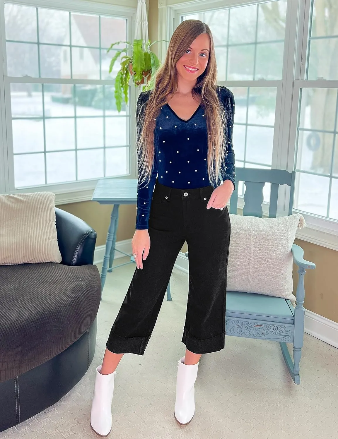 Vetinee Capris Jeans for Women Wide Leg High Waisted Trendy Fold Hem Summer Casual Stretchy Denim Jean Capri Pants