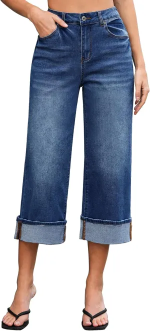 Vetinee Capris Jeans for Women Wide Leg High Waisted Trendy Fold Hem Summer Casual Stretchy Denim Jean Capri Pants
