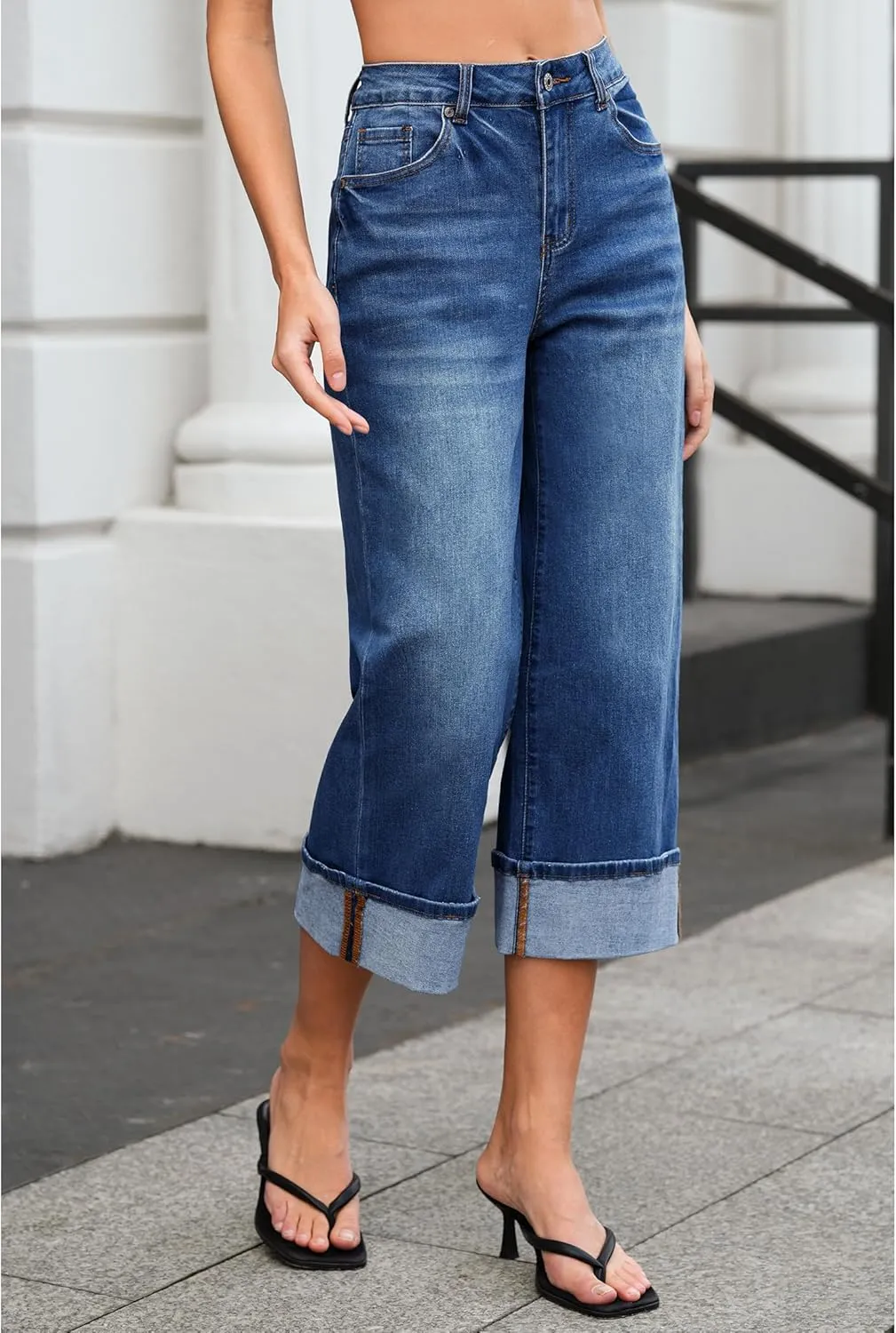 Vetinee Capris Jeans for Women Wide Leg High Waisted Trendy Fold Hem Summer Casual Stretchy Denim Jean Capri Pants