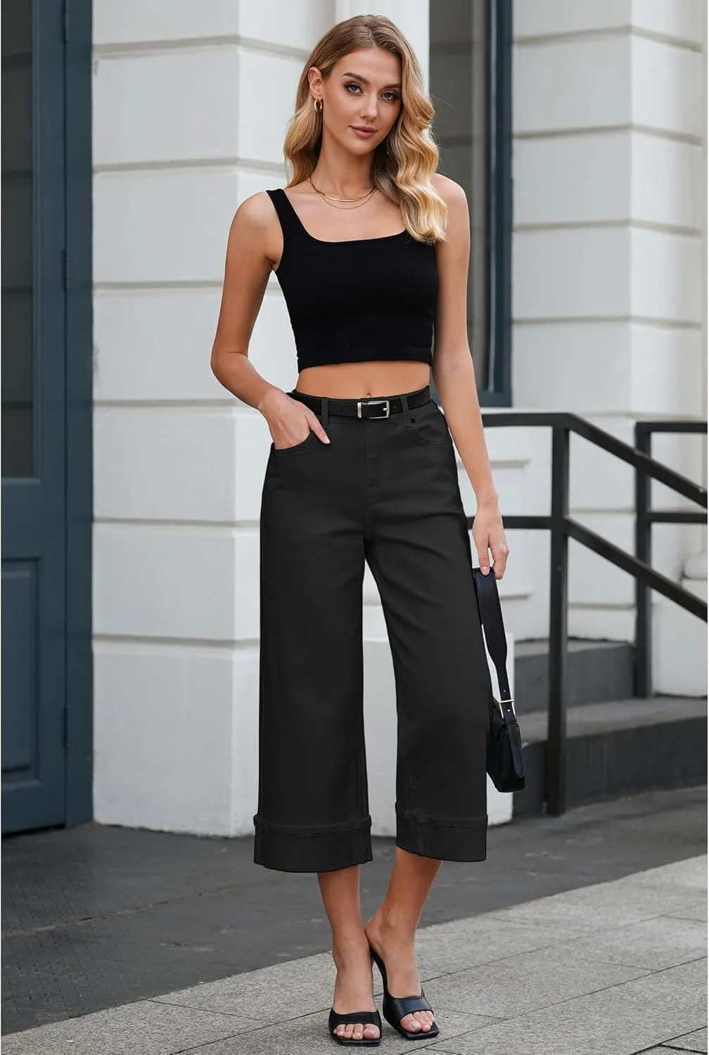 Vetinee Capris Jeans for Women Wide Leg High Waisted Trendy Fold Hem Summer Casual Stretchy Denim Jean Capri Pants
