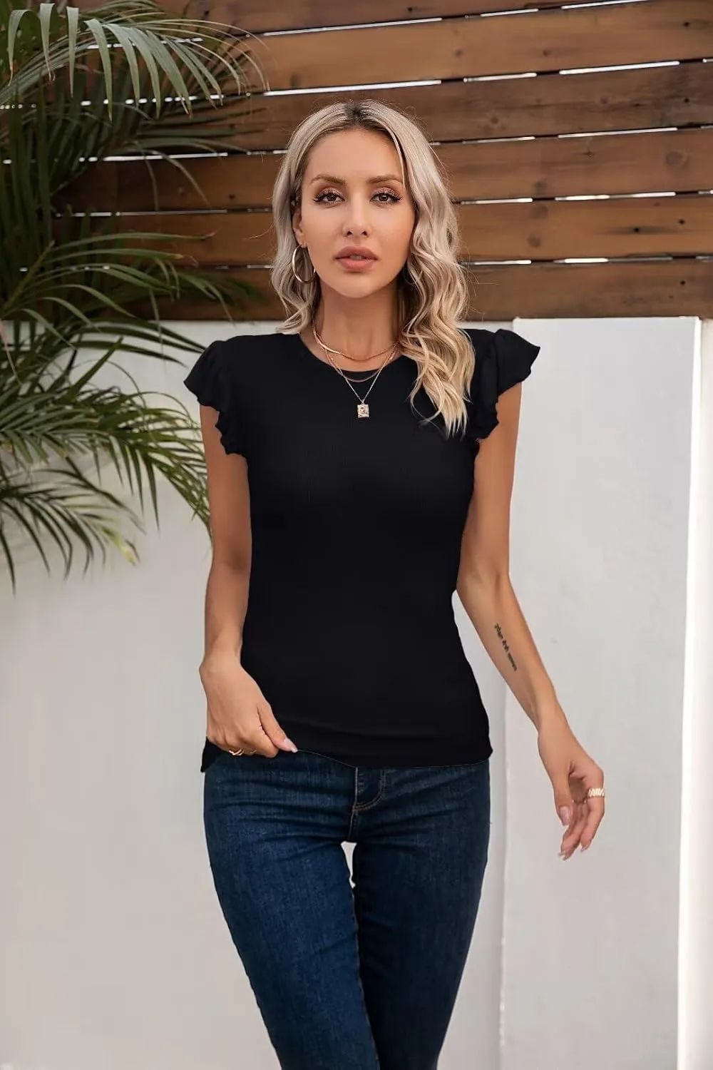 VICHYIE Summer Womens Shirt Short Ruffle Sleeve V Neck/Round Neck Ribbed Casual Tshirt Fitted Tops Blouses