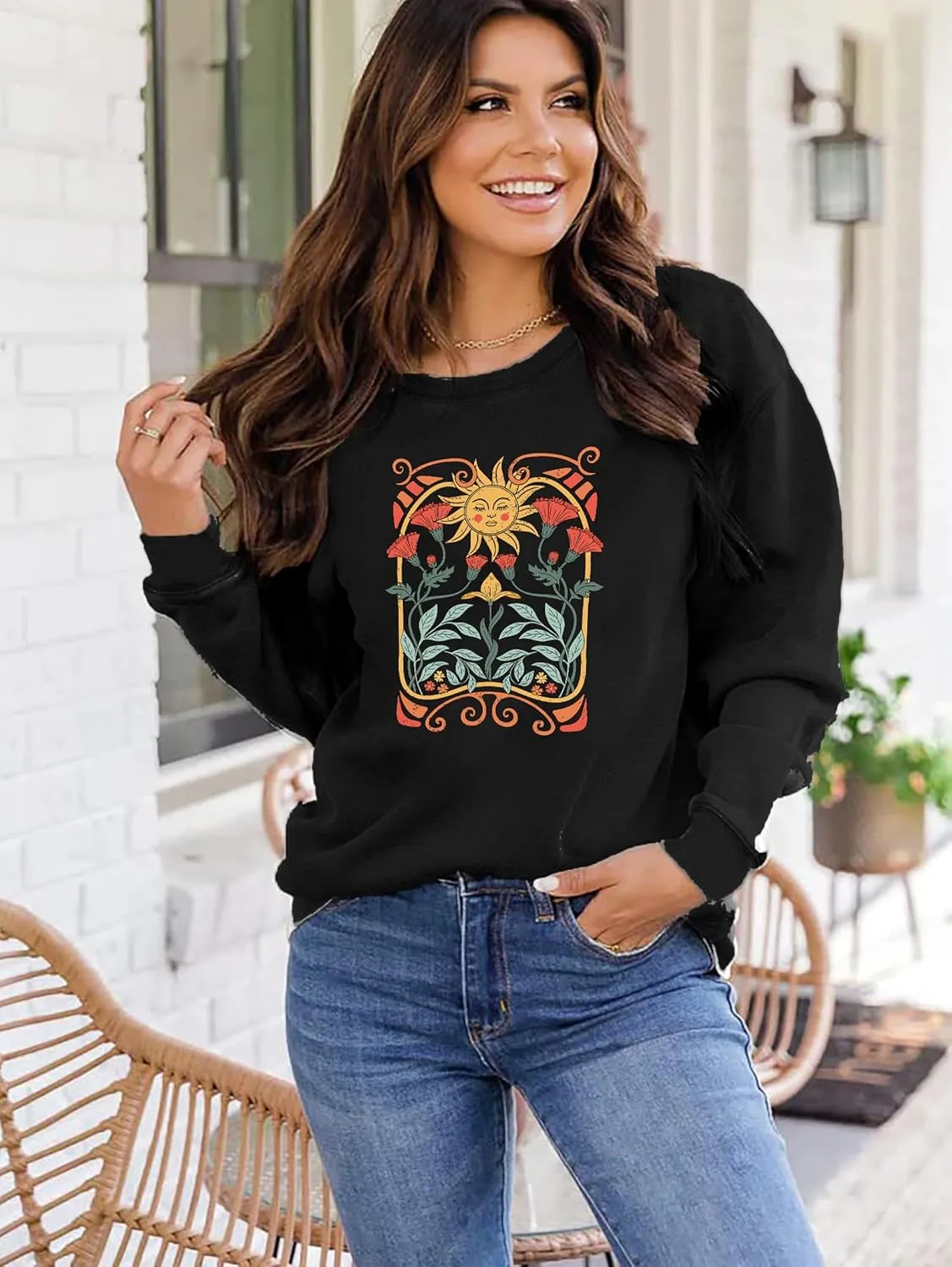 Vintage Wildflowers Sweatshirt Women Boho Floral Casual Long Sleeve Printed Flowers Shirts Pullover Tops