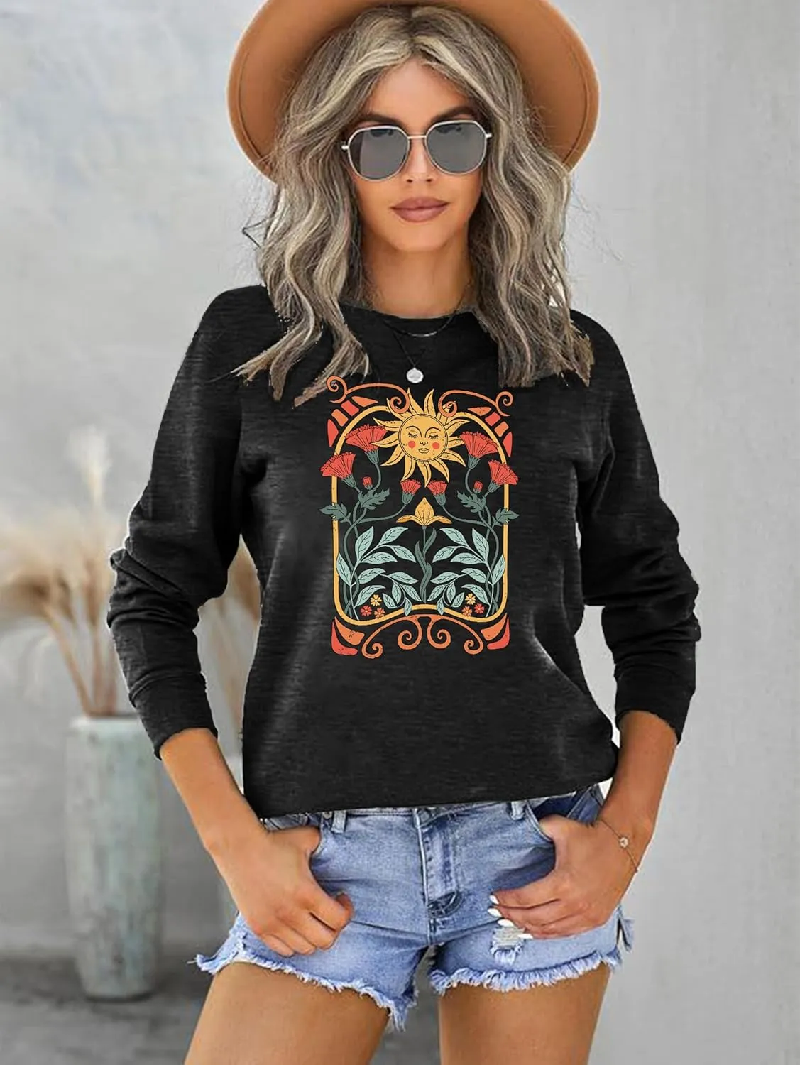Vintage Wildflowers Sweatshirt Women Boho Floral Casual Long Sleeve Printed Flowers Shirts Pullover Tops