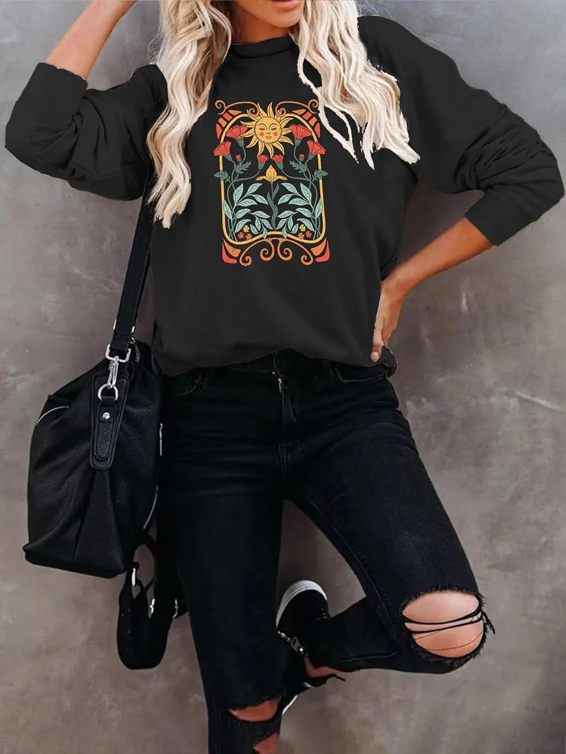 Vintage Wildflowers Sweatshirt Women Boho Floral Casual Long Sleeve Printed Flowers Shirts Pullover Tops