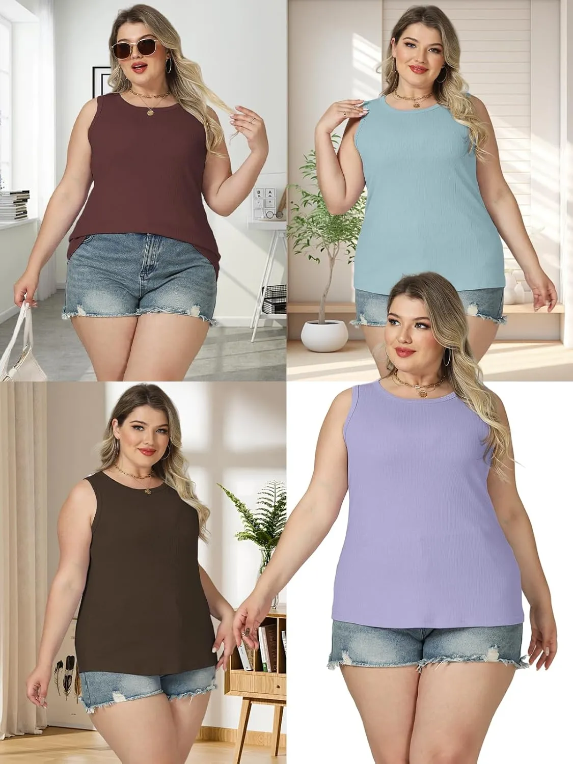 VISLILY Womens-Plus-Size-Tank-Tops 2025 Summer Crew Neck Sleeveless Shirts Casual Ribbed Racerback Blouses XL-5XL