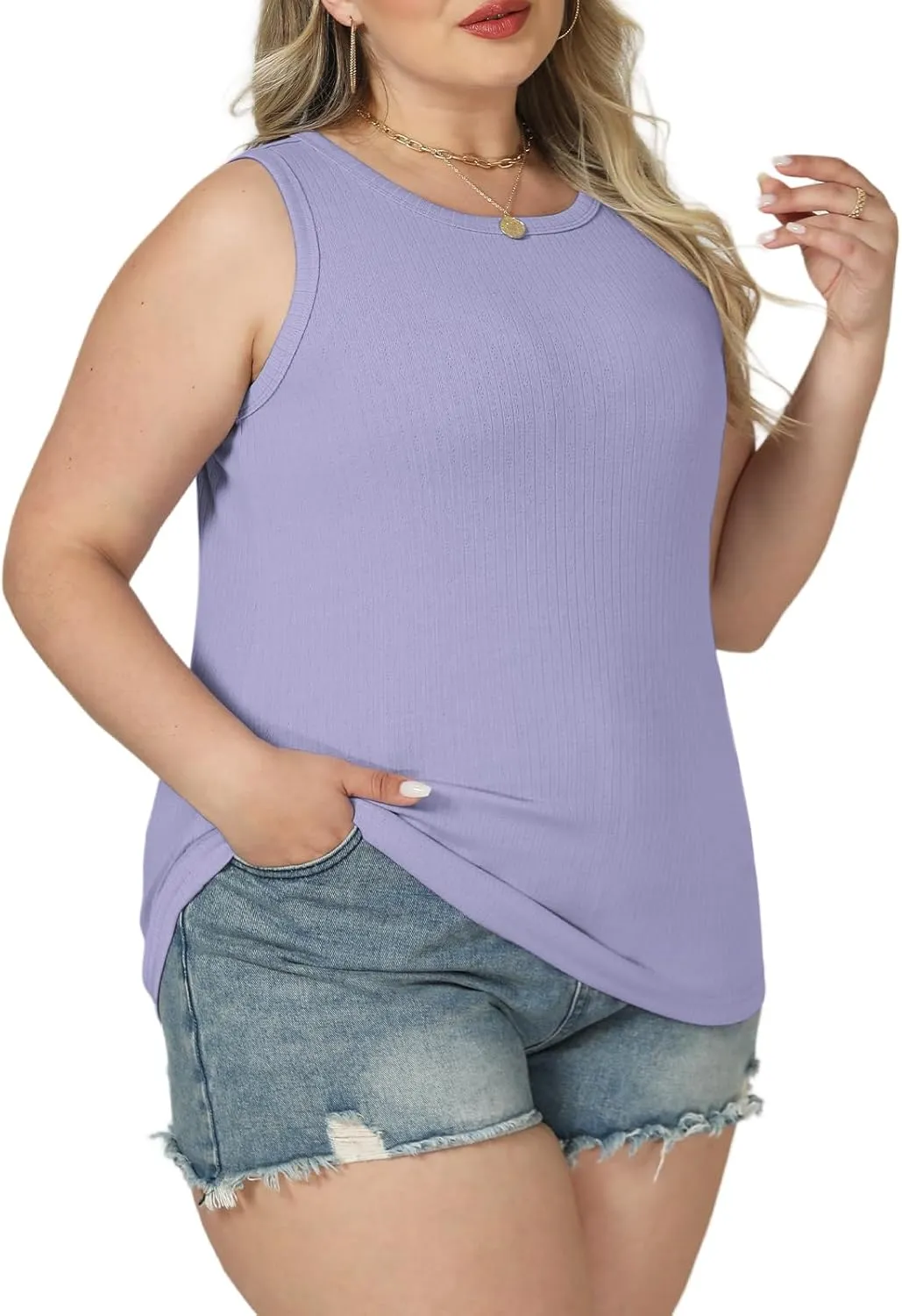 VISLILY Womens-Plus-Size-Tank-Tops 2025 Summer Crew Neck Sleeveless Shirts Casual Ribbed Racerback Blouses XL-5XL