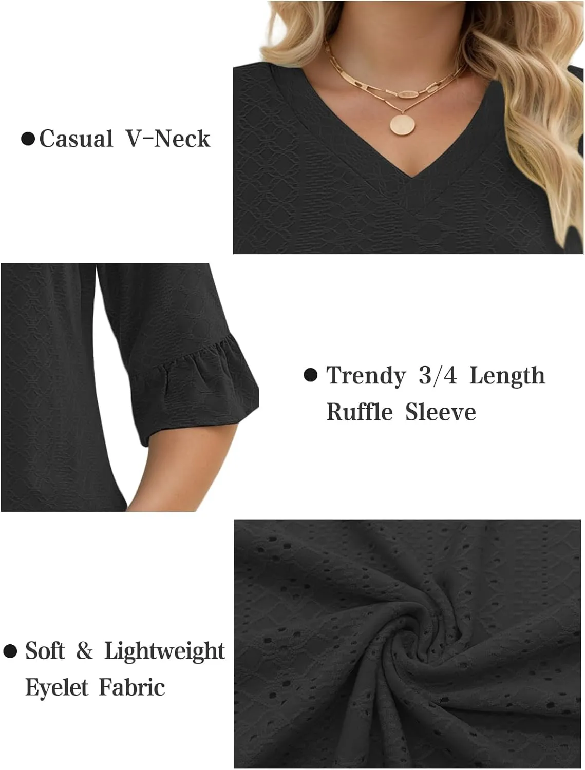 VISLILY Womens-Plus-Size-V-Neck-Tops Dressy 3/4 Length Ruffle Sleeve T Shirts Trendy Eyelet Blouses Casual Loose Tunics 1X-5X