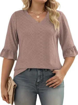 VISLILY Womens-Plus-Size-V-Neck-Tops Dressy 3/4 Length Ruffle Sleeve T Shirts Trendy Eyelet Blouses Casual Loose Tunics 1X-5X