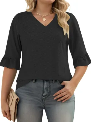VISLILY Womens-Plus-Size-V-Neck-Tops Dressy 3/4 Length Ruffle Sleeve T Shirts Trendy Eyelet Blouses Casual Loose Tunics 1X-5X