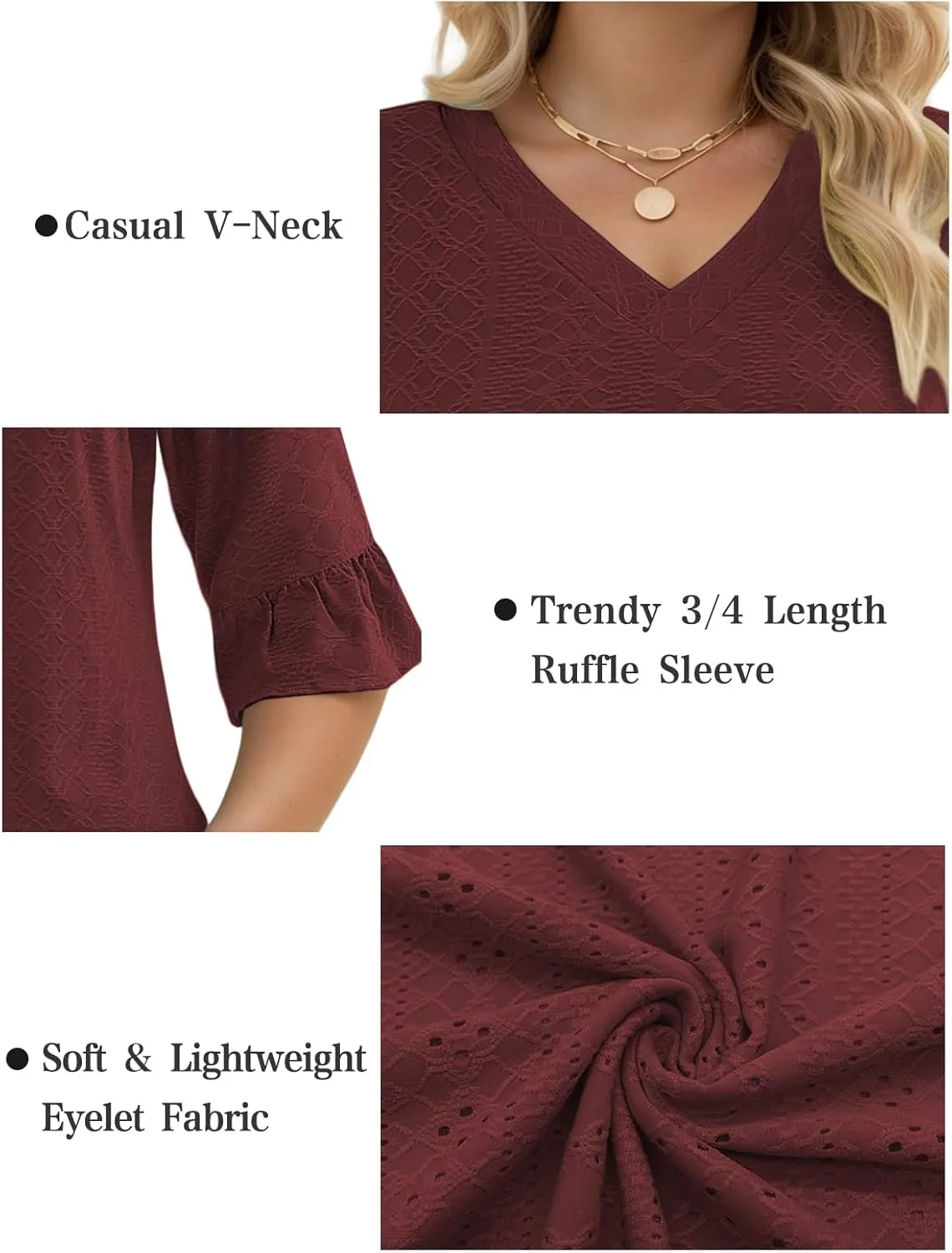 VISLILY Womens-Plus-Size-V-Neck-Tops Dressy 3/4 Length Ruffle Sleeve T Shirts Trendy Eyelet Blouses Casual Loose Tunics 1X-5X