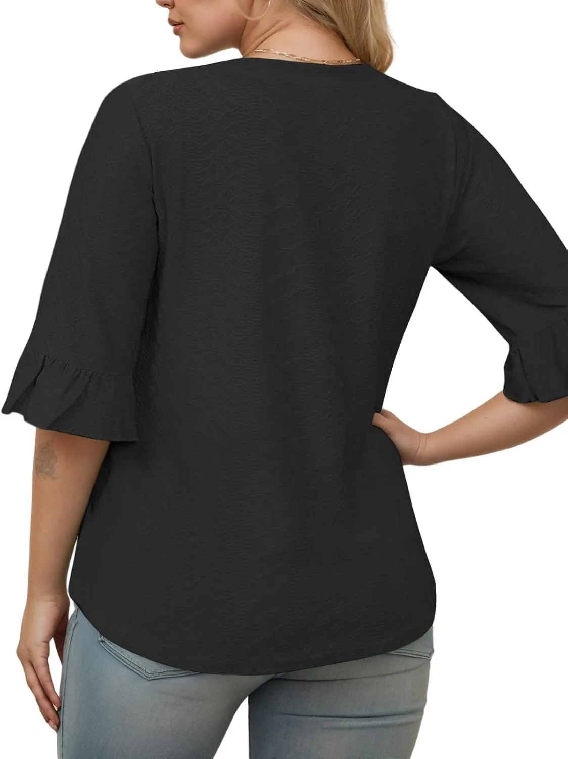 VISLILY Womens-Plus-Size-V-Neck-Tops Dressy 3/4 Length Ruffle Sleeve T Shirts Trendy Eyelet Blouses Casual Loose Tunics 1X-5X