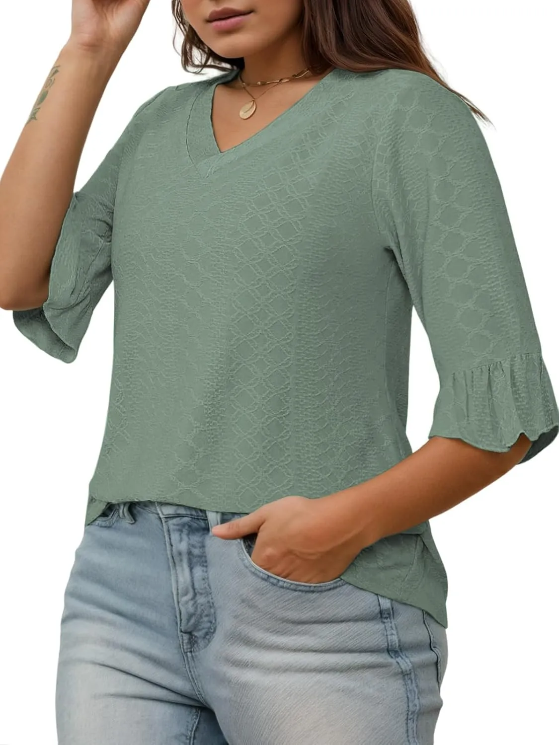 VISLILY Womens-Plus-Size-V-Neck-Tops Dressy 3/4 Length Ruffle Sleeve T Shirts Trendy Eyelet Blouses Casual Loose Tunics 1X-5X