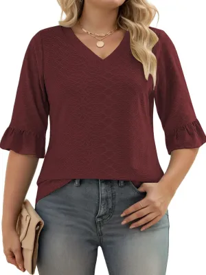 VISLILY Womens-Plus-Size-V-Neck-Tops Dressy 3/4 Length Ruffle Sleeve T Shirts Trendy Eyelet Blouses Casual Loose Tunics 1X-5X
