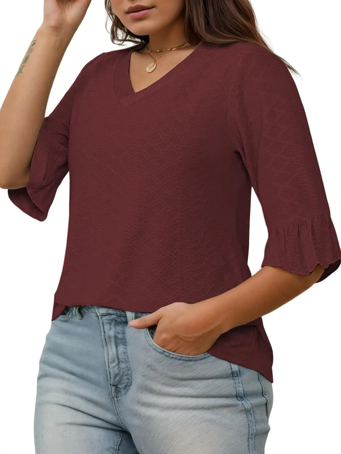 VISLILY Womens-Plus-Size-V-Neck-Tops Dressy 3/4 Length Ruffle Sleeve T Shirts Trendy Eyelet Blouses Casual Loose Tunics 1X-5X