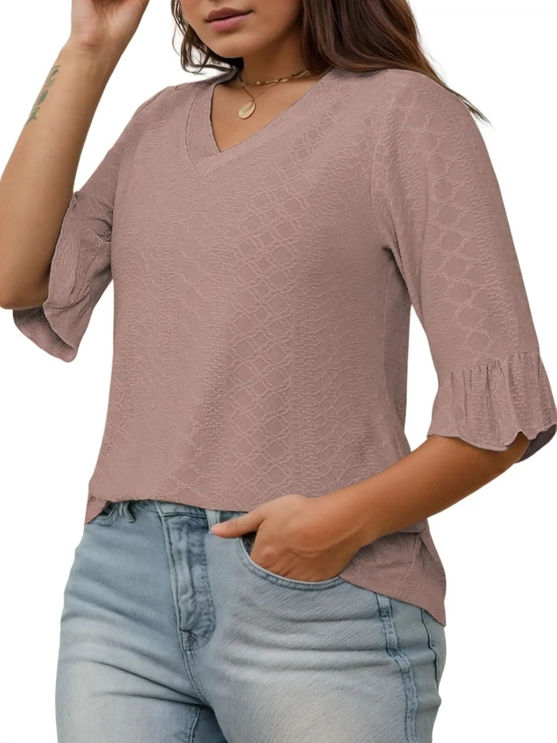 VISLILY Womens-Plus-Size-V-Neck-Tops Dressy 3/4 Length Ruffle Sleeve T Shirts Trendy Eyelet Blouses Casual Loose Tunics 1X-5X