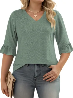 VISLILY Womens-Plus-Size-V-Neck-Tops Dressy 3/4 Length Ruffle Sleeve T Shirts Trendy Eyelet Blouses Casual Loose Tunics 1X-5X