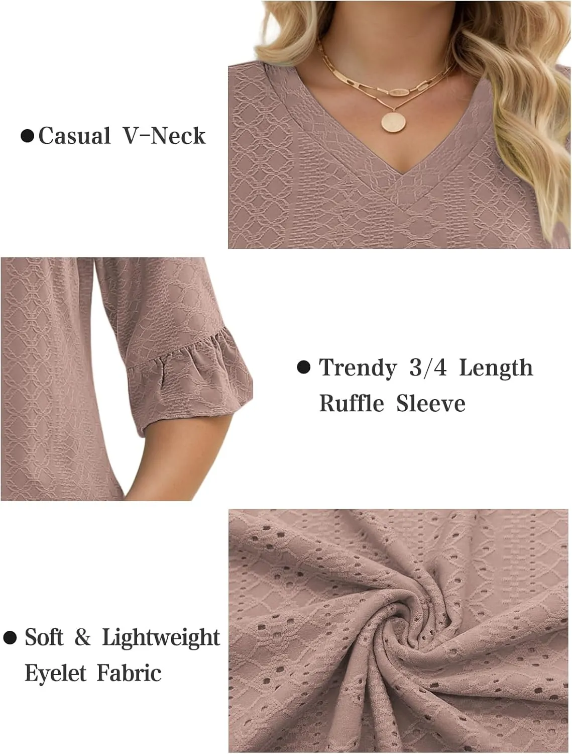 VISLILY Womens-Plus-Size-V-Neck-Tops Dressy 3/4 Length Ruffle Sleeve T Shirts Trendy Eyelet Blouses Casual Loose Tunics 1X-5X