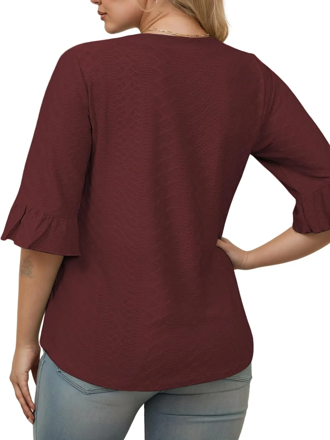 VISLILY Womens-Plus-Size-V-Neck-Tops Dressy 3/4 Length Ruffle Sleeve T Shirts Trendy Eyelet Blouses Casual Loose Tunics 1X-5X