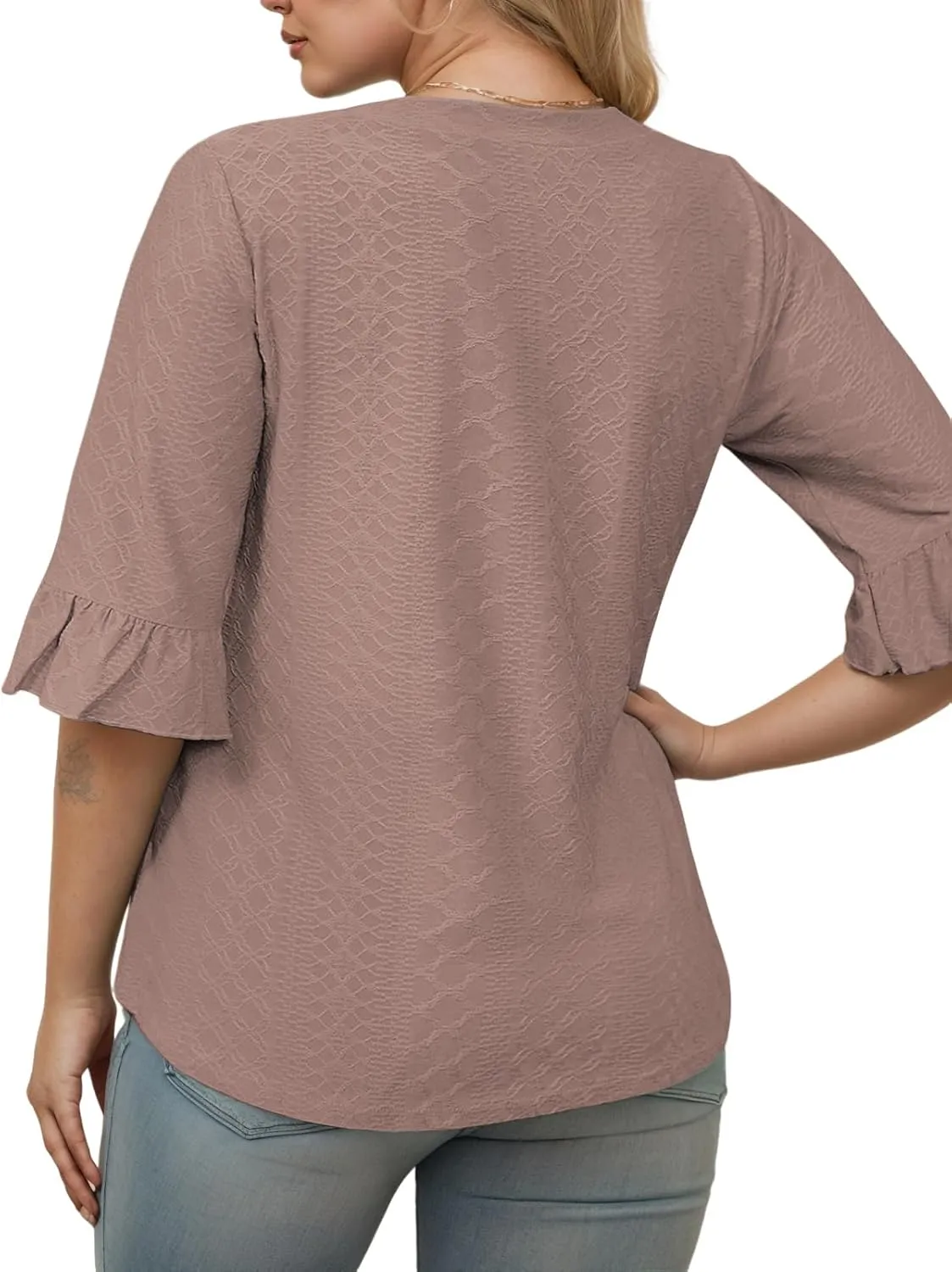 VISLILY Womens-Plus-Size-V-Neck-Tops Dressy 3/4 Length Ruffle Sleeve T Shirts Trendy Eyelet Blouses Casual Loose Tunics 1X-5X