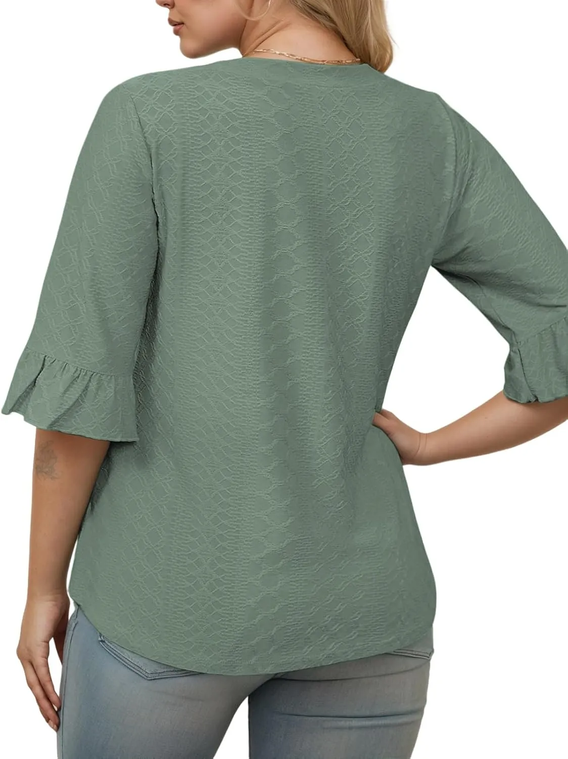 VISLILY Womens-Plus-Size-V-Neck-Tops Dressy 3/4 Length Ruffle Sleeve T Shirts Trendy Eyelet Blouses Casual Loose Tunics 1X-5X