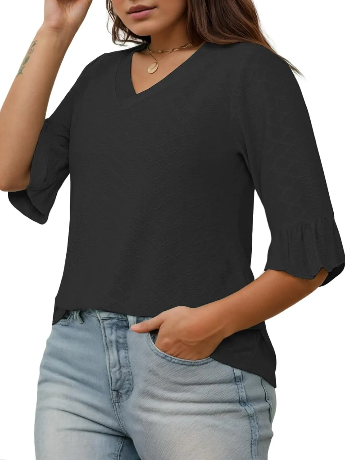 VISLILY Womens-Plus-Size-V-Neck-Tops Dressy 3/4 Length Ruffle Sleeve T Shirts Trendy Eyelet Blouses Casual Loose Tunics 1X-5X