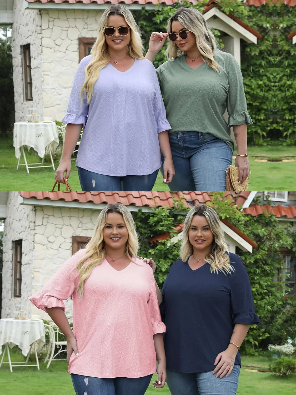 VISLILY Womens-Plus-Size-V-Neck-Tops Dressy 3/4 Length Ruffle Sleeve T Shirts Trendy Eyelet Blouses Casual Loose Tunics 1X-5X