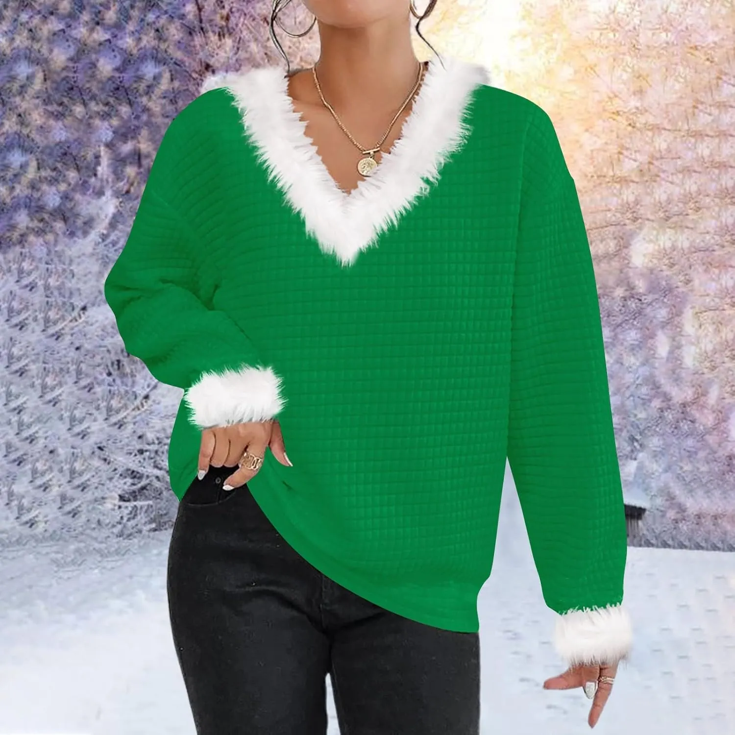 Waffle Knit Christmas Sweaters for Women Faux Fur Trim Pullover Holiday Hoodie Hooded Oversized Sweatshirt Tunic Tops
