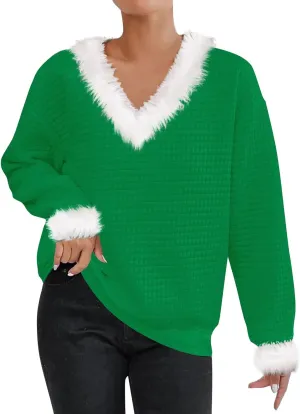Waffle Knit Christmas Sweaters for Women Faux Fur Trim Pullover Holiday Hoodie Hooded Oversized Sweatshirt Tunic Tops