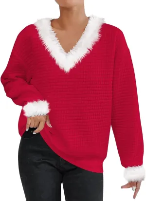 Waffle Knit Christmas Sweaters for Women Faux Fur Trim Pullover Holiday Hoodie Hooded Oversized Sweatshirt Tunic Tops