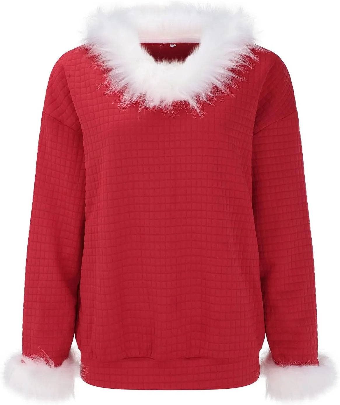 Waffle Knit Christmas Sweaters for Women Faux Fur Trim Pullover Holiday Hoodie Hooded Oversized Sweatshirt Tunic Tops