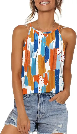 WIHOLL Womens Pleated Tank Tops Spaghetti Strap Camisole Halter Tops Curved Hem Fashion 2025