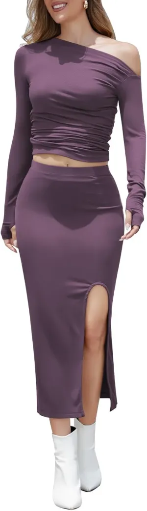 Women 2 Piece Skirt Set Casual Off Shoulder Long Sleeve Tops High Waist Midi Bodycon Skirts Slit